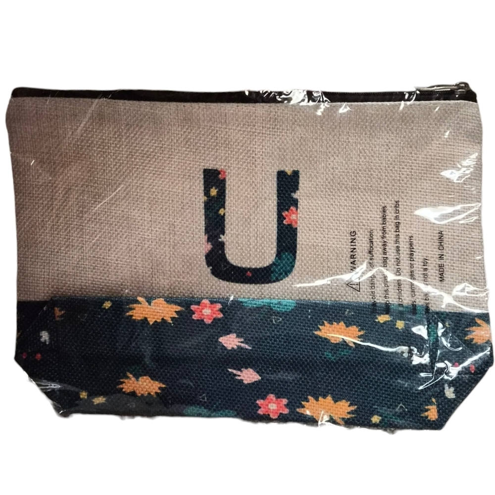Floral Canvas Zip Pouch with Blue “U” Monogram